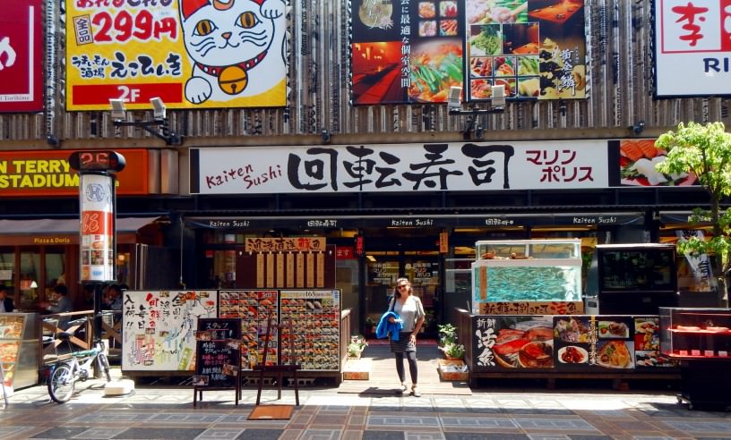 Kaiten Zushi in Dotonburi, Osaka, Japan. Kuidaore!